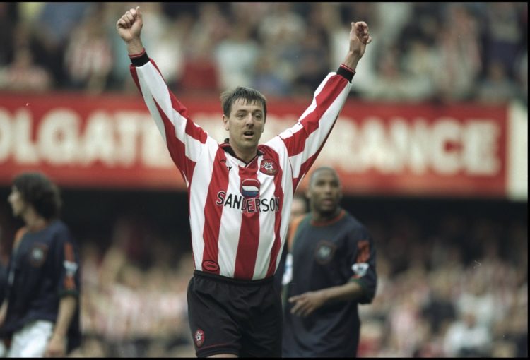 28 Mar 1998:  Matt Le Tissier of Southampton celebrates during the FA Carling Premiership match against Newcastle United at the Dell in Southampton...