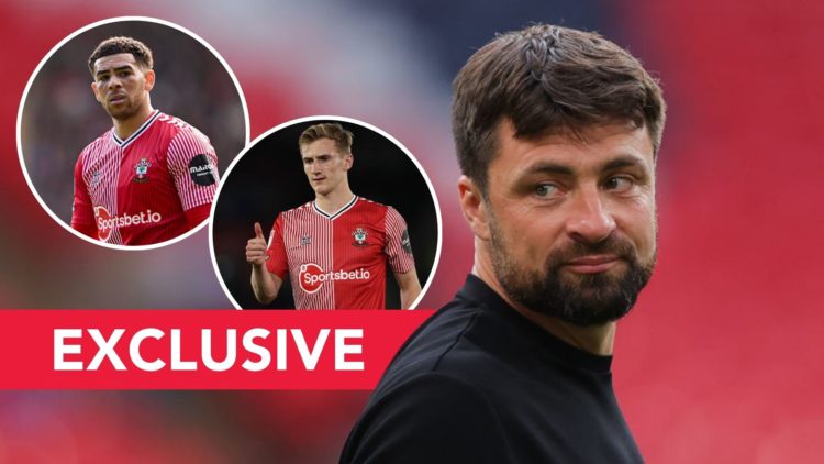 Russell Martin, manager of Southampton, after the Sky Bet Championship Final Play. Inset, Che Adams and Flynn Downes of Southampton. Overlaid, an "...