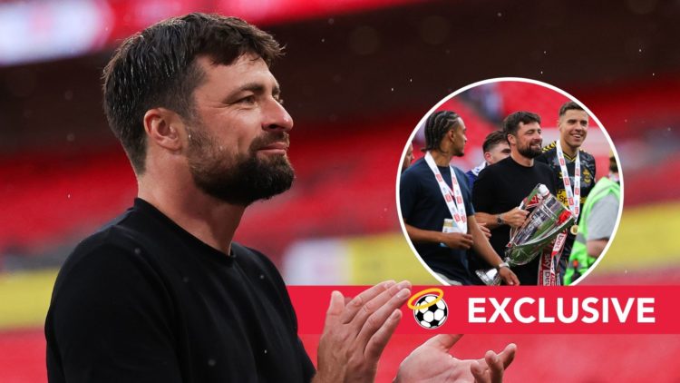 Russell Martin, manager of Southampton, celebrates after the Sky Bet Championship Play Final match between Leeds United and Southampton at Wembley ...