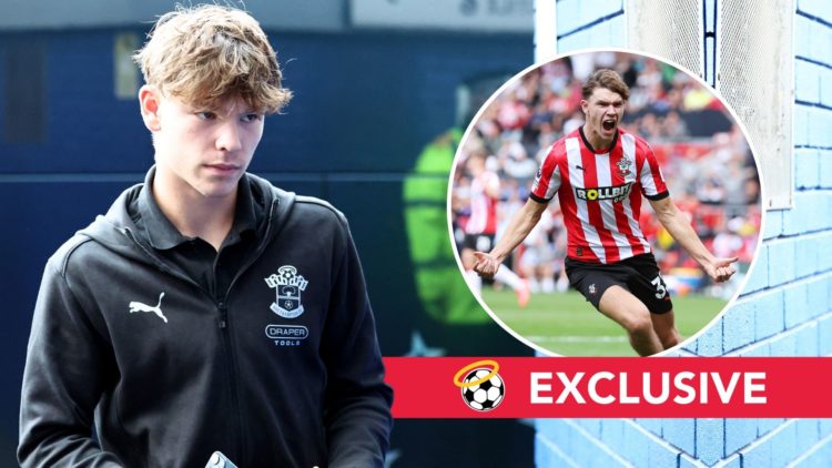 Tyler Dibling of Southampton ahead of the Carabao Cup Third Round match. Inset, Tyler Dibling of Southampton celebrates scoring his team's first goal.