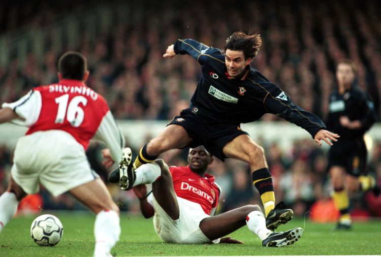 2 Dec 2000:  Patrick Vieira of Arsenal tries to tackle Jo Tessem of Southampton during The FA Carling Premiership game between Arsenal and Southamp...